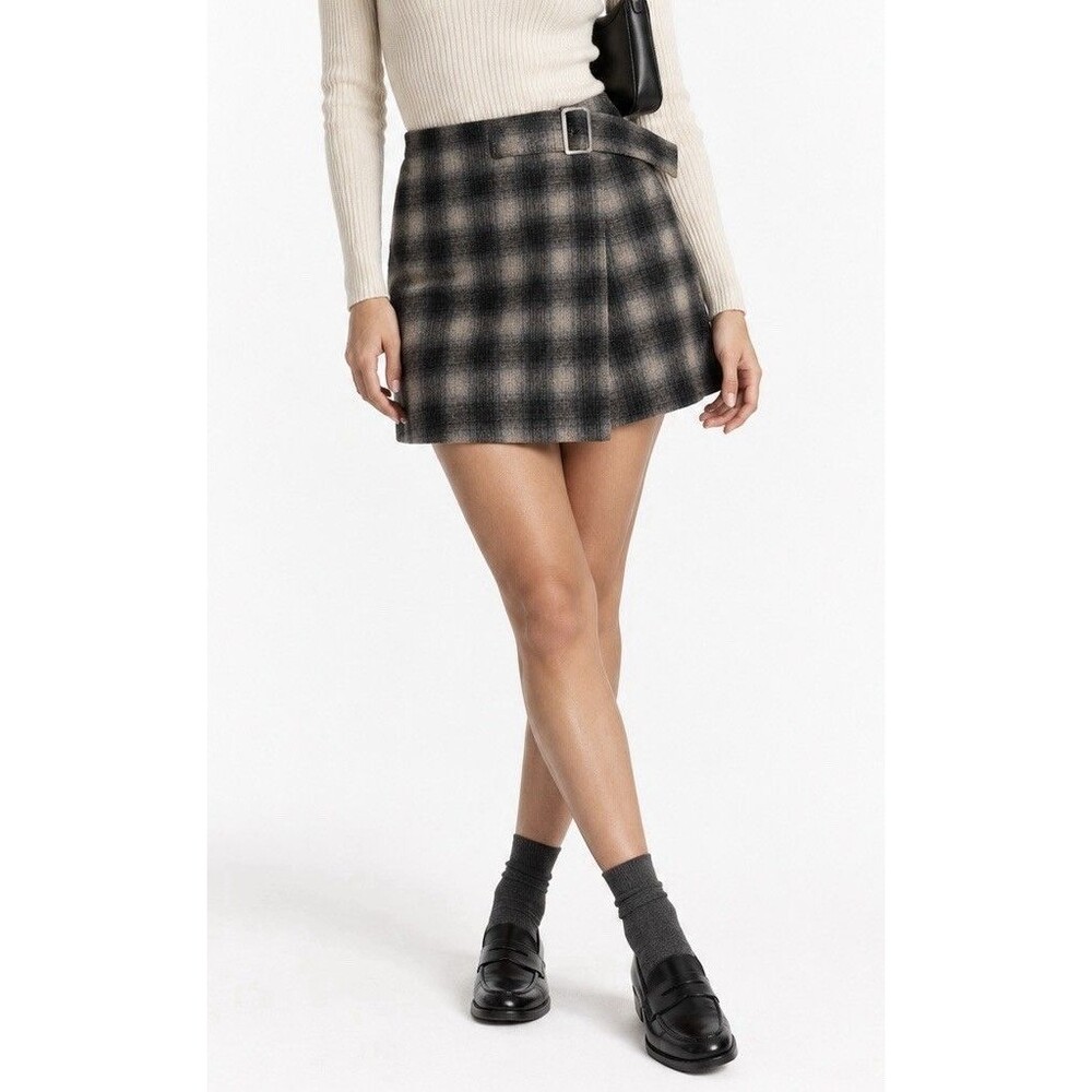 Madewell Size 4 Black and White Houndstooth Plaid Wool Blend Wrap Mini Skirt